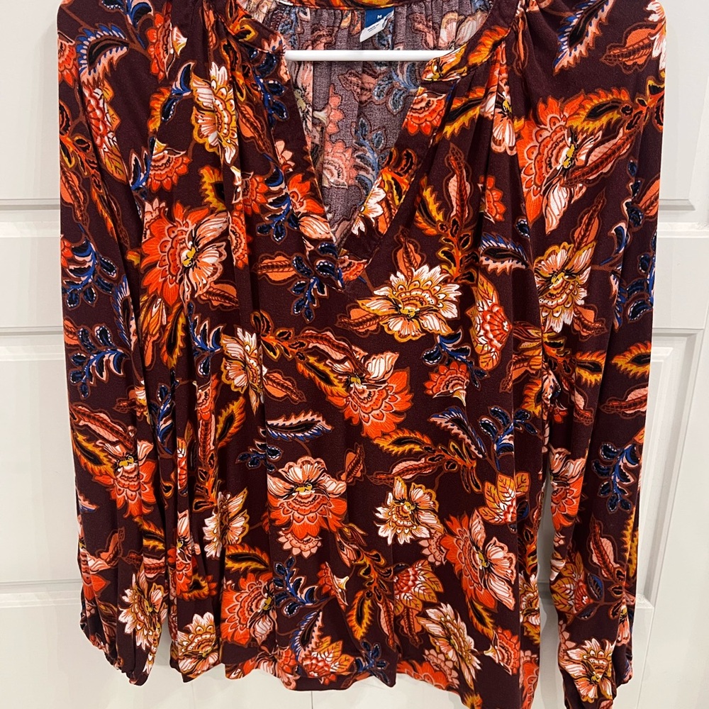 Old Navy Floral V-Neck Blouse - Red and Orange